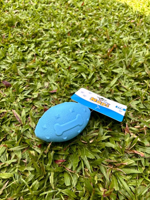 Bola azul de borracha em formato de bola de futebol americano, com um osso em relevo