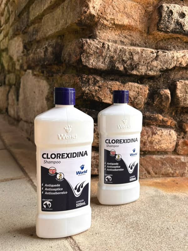 Dois frascos brancos de shampoo de clorexidina World, 500 ml, com tampa azul-marinho